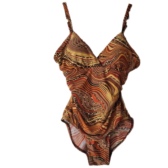 🏷️ Brown and Orange Swirl One-Piece Swimsuit size 10 - Picture 1 of 3